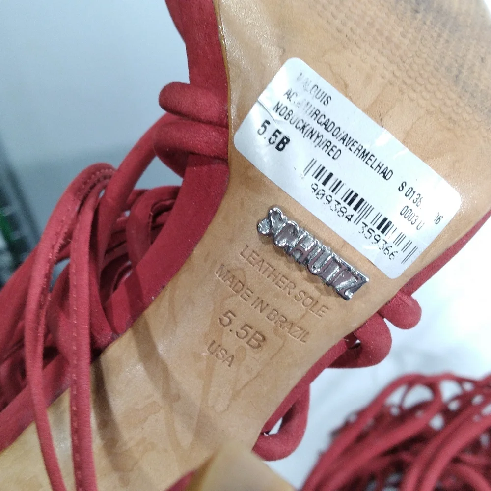 SCHUTZ Valquis Red Nubuck Leather Laced Caged Stiletto Heeled Sandals w/… - Picture 10 of 11